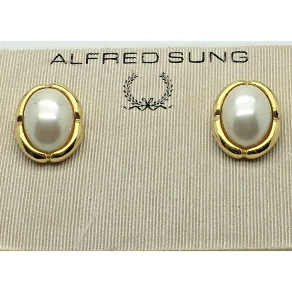 Alfred Sung Gold Tone Faux Pearls Oval Earrings 14K Post Pierced New Old Stock